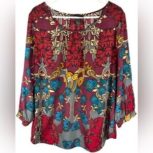 Lane Bryant Burgundy Floral 3/4 Sleeve Blouse Size 14